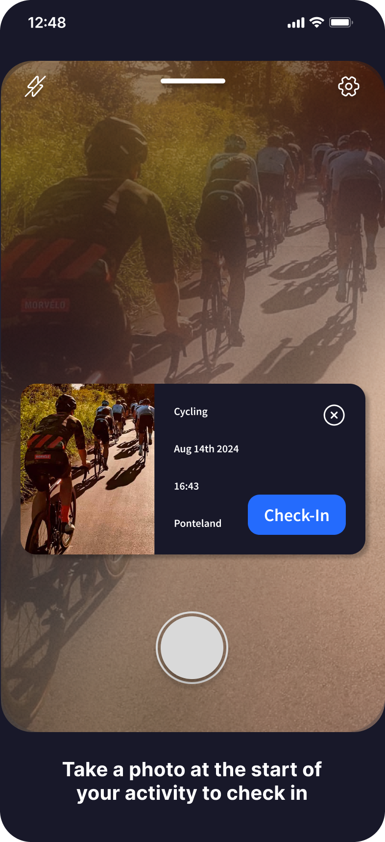Check-in camera — snap a photo to start your session
