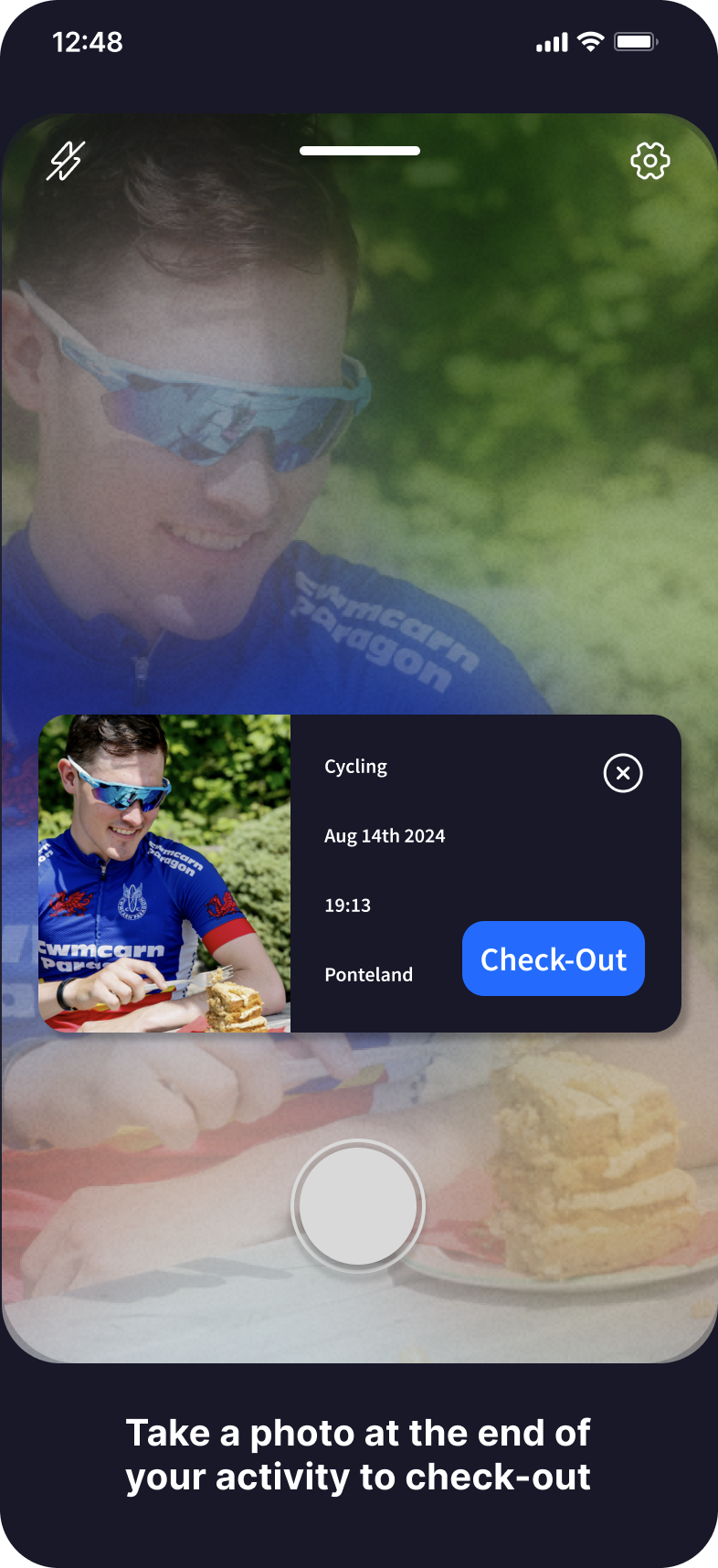 Check-out camera — snap a photo to close your session