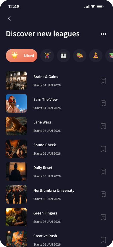 Discover leagues board showing every pre-made league