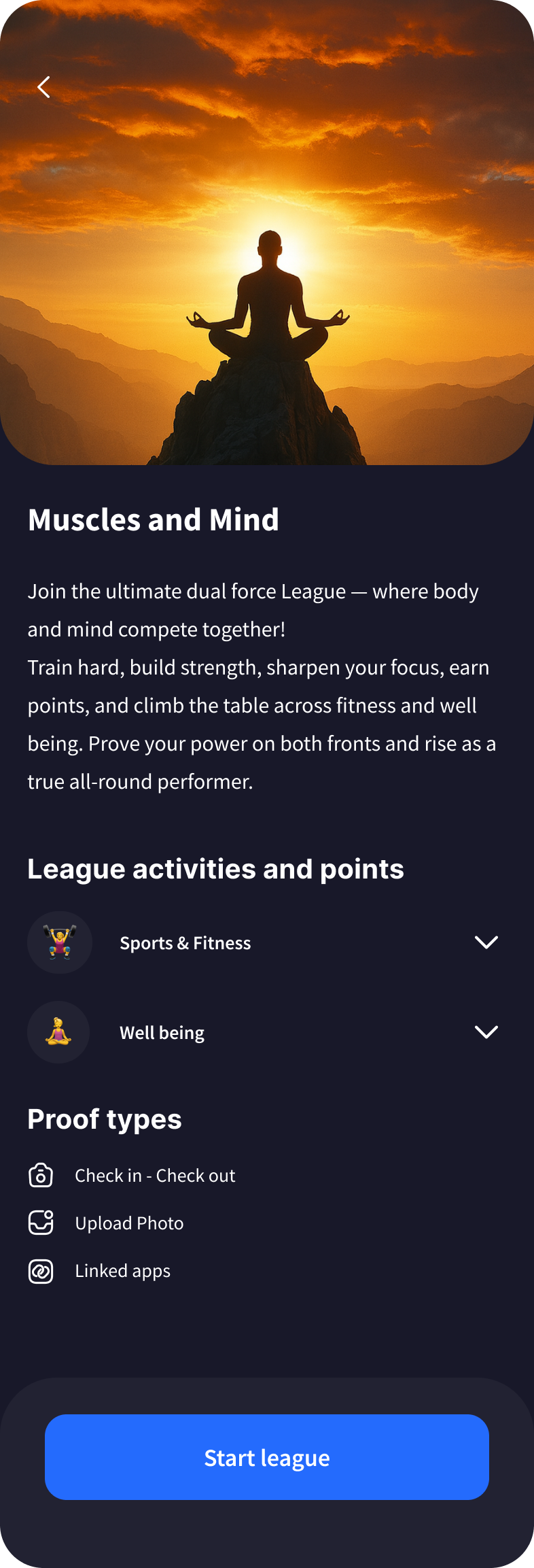 Muscles and Mind league page with live standings