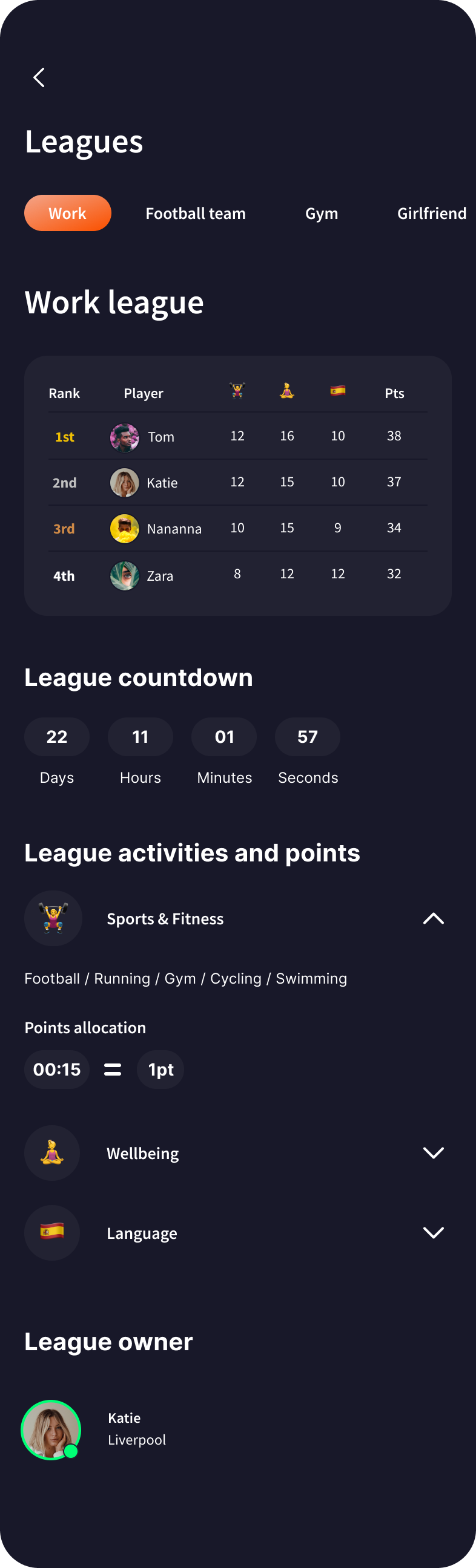 Work league live table with player standings